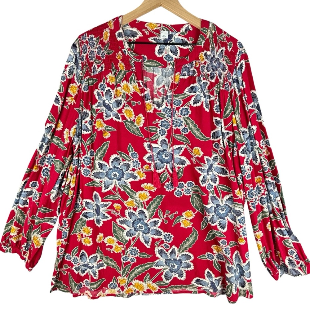 Old Navy Top Women XL Red‎ Floral Smocked Split V-Neck Tassels Boho Peasant